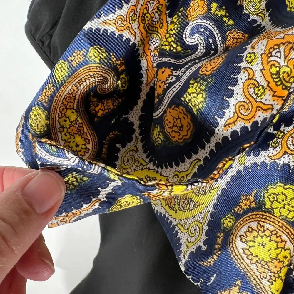 Vintage Paisley Scarf in Blue Yellow Brown Orange 70s Rectangle Retro